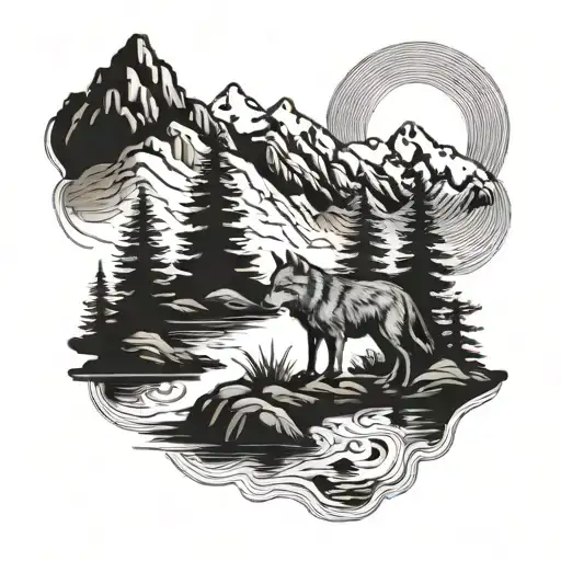 A Serene Landscape With A River Flowing Through Mountains And A Lone Wolf In The Foreground