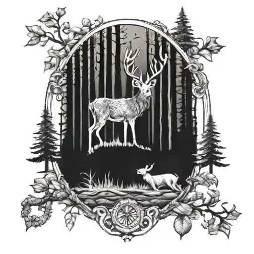 Incorporate Masonic Symbols Into A Forest Scene With Deer And Hogs
