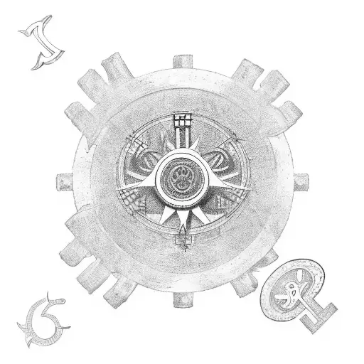 A Spiritual Triskelion Symbol Integrated With Mechanical Gears And Tools