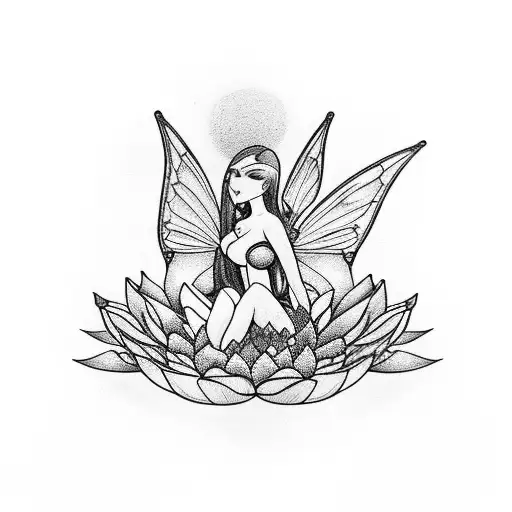 Sexy Fairy Sitting In Lotus Flower With Cute Frod Beside Her