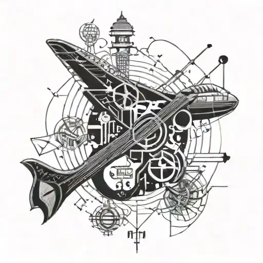 A Geometric Design Incorporating Musical Instruments And Airplane Parts In A Blackwork Style