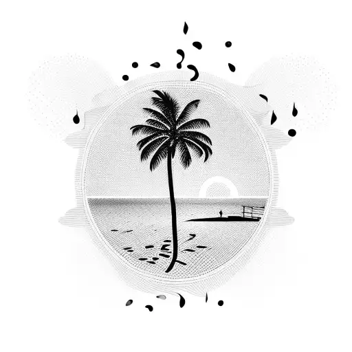 A Palm Tree Made Of Musical Notes With A Beach Sunset Silhouette In The Background