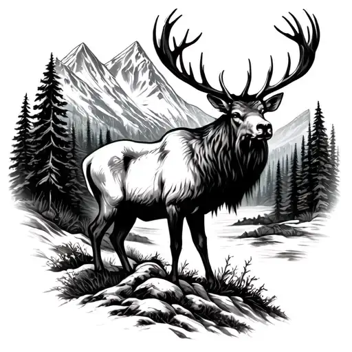 A Detailed Blackwork Tattoo Of A Majestic Elk Standing In A Serene Mountain Landscape