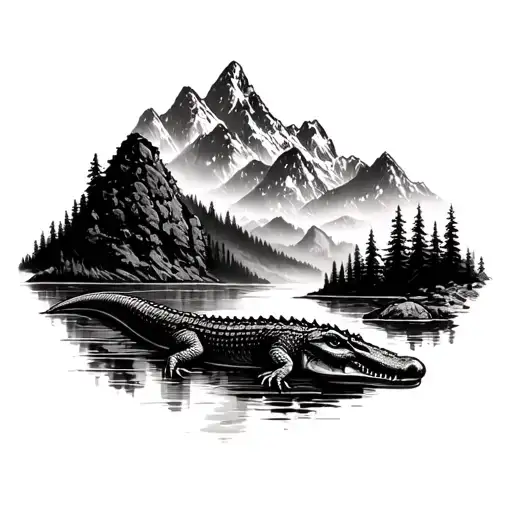 A Majestic Mountain Landscape With A Hidden Alligator Lurking In The Shadows