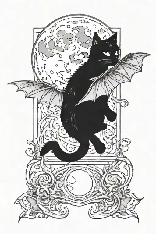 Cat With Bat Wings With The Moon
