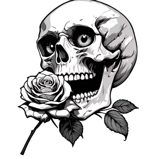 A Skull With Eyes Holding A Rose In Its Mouth