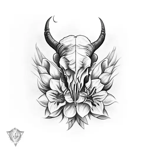 Sleeve Tattoo Showing Ram Skull In Front Of Daffodil Flowers With Shading In Grayscale