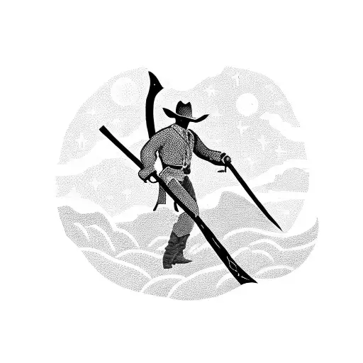 A Blackwork Silhouette Of A Cowboy Riding Into The Sunset With A Fire Axe