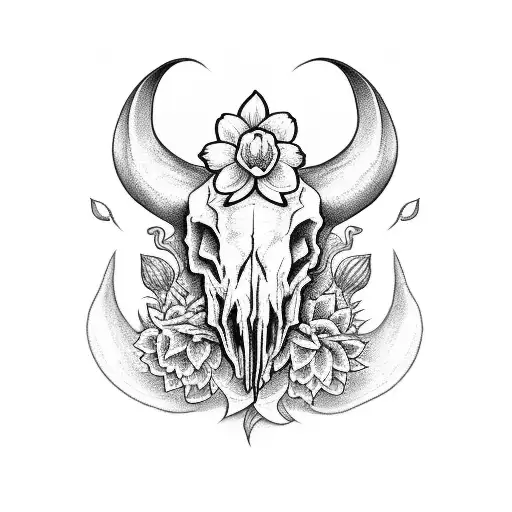 Sleeve Tattoo Showing Ram Skull In Front Of Daffodil Flowers With Shading In Grayscale
