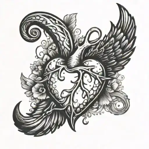Heart Tattoo Made With Fishing Hook And Antler With Wings And Clouds
