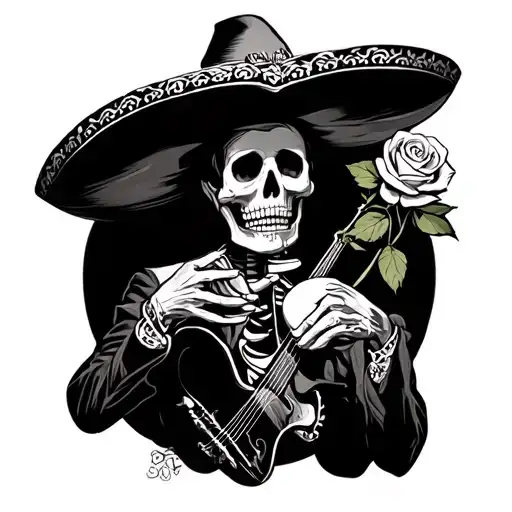 Skeleton Mariachi Holding Up A Rose