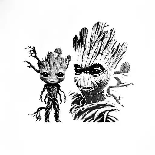 A Dotwork Silhouette Of Groot Surrounded By Baby Yoda And Mario