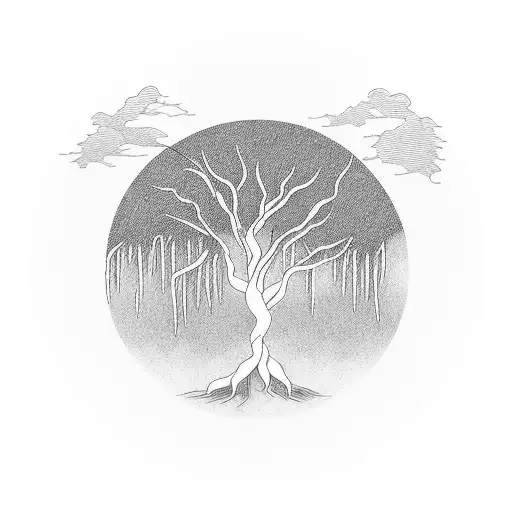 Weeping Willow Tree With Roots In A Circle Tattoo Minimalistic Simple