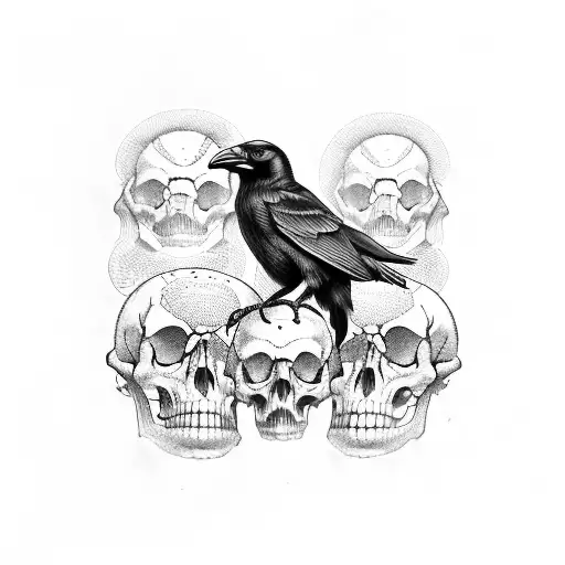 Crow Sitting On Skulls Wearing A Cylinder