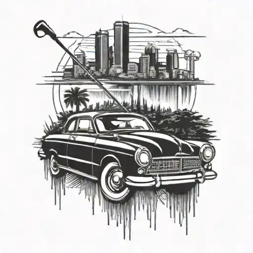 A Silhouette Of The Bakersfield Skyline With A Golf Club And A Vintage Car In The Foreground