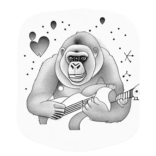 A Minimalist Tattoo Of A Gorilla Playing A Guitar In A Camping Scene