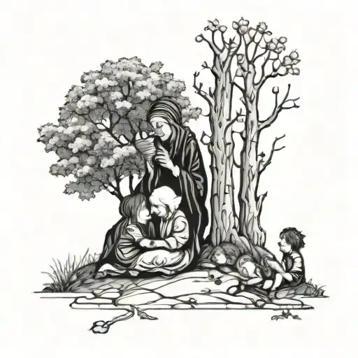 Old Woman Teaching Three Children Under A Tree