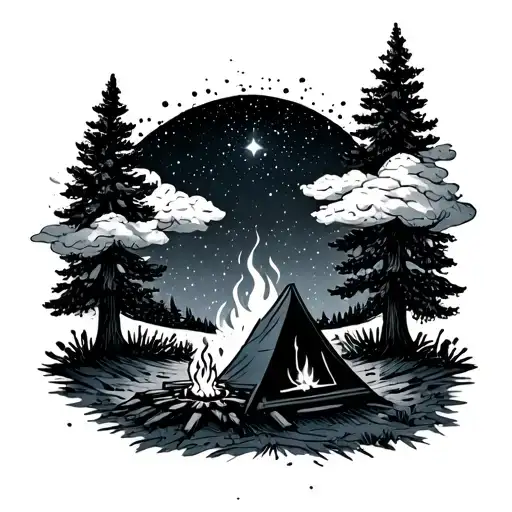 A Serene Camping Scene With A Cozy Campfire Under A Starry Sky