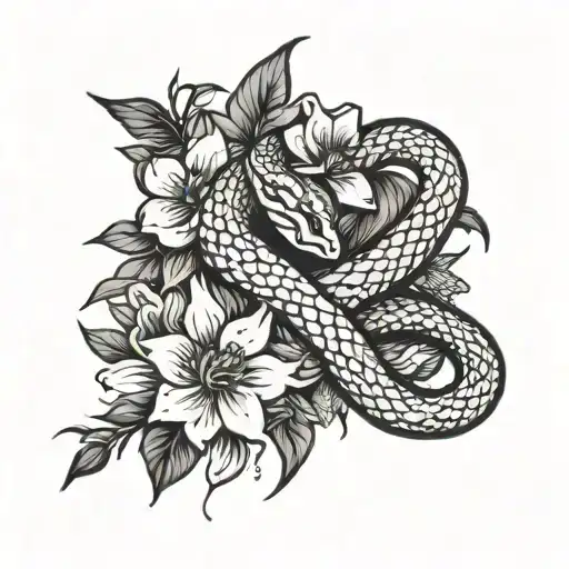 Cute Small Snake Slithering Up A Skinny Sword Dripping With Some Flowers At The Bottom