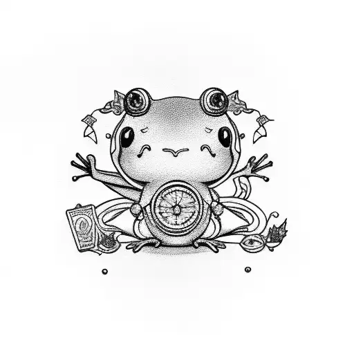 A Minimalist Tattoo Of A Sexy Anime Character Holding A Frog And Surrounded By Sexy Fairies