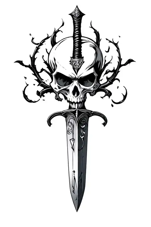 Sharp Long Dagger With Runes Shaded Skull Head