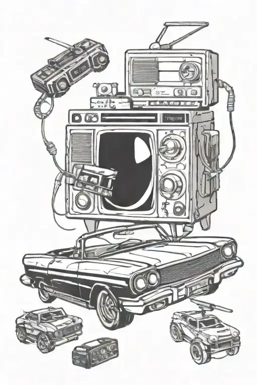 A Classic Car Surrounded By A Retro Television Set And Old-school Video Game Consoles