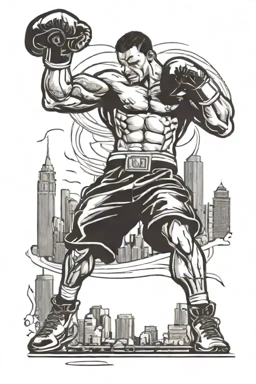 Guy Holding Championship Belt Running Into City Skyline Boxing Theme