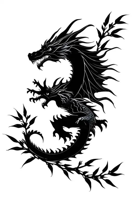 Minimalist Dragon Flying Through Willow Leaves