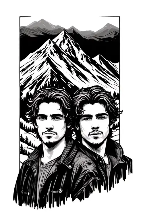 Two Guys With A Mountain In Background