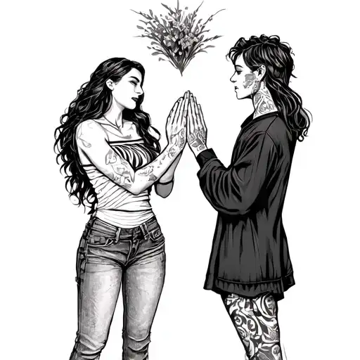 A Guy And A Girl Hold Out Their Hands To Each Other