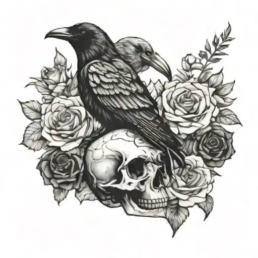 Crow Sitting On A Skull Surrounded By Roses
