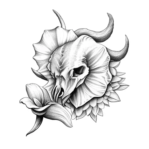 Forearm Sleeve Tattoo Showing Ram Skull In Front Of Daffodil Flowers With Shading In Grayscale