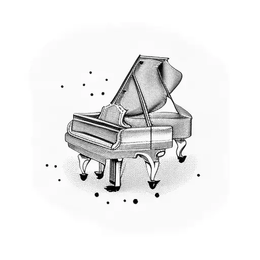 A Blackwork Tattoo Of A Realistic Black Chuck Doll Playing A Grand Piano