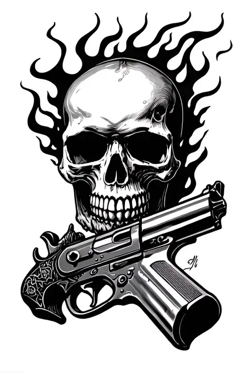 Skull With Fire And Guns