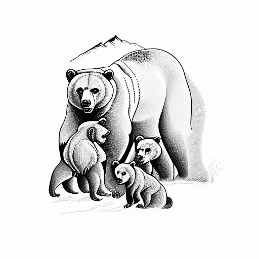 Grizzly Bear With Two Cubs And Mountains