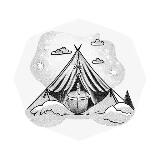 A Blackwork Tattoo Of A Tent Under A Starry Night Sky With The Word 'Adventure'