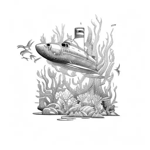 An Intricate Blackwork Tattoo Of A Submarine Navigating Through A Dense Forest Underwater
