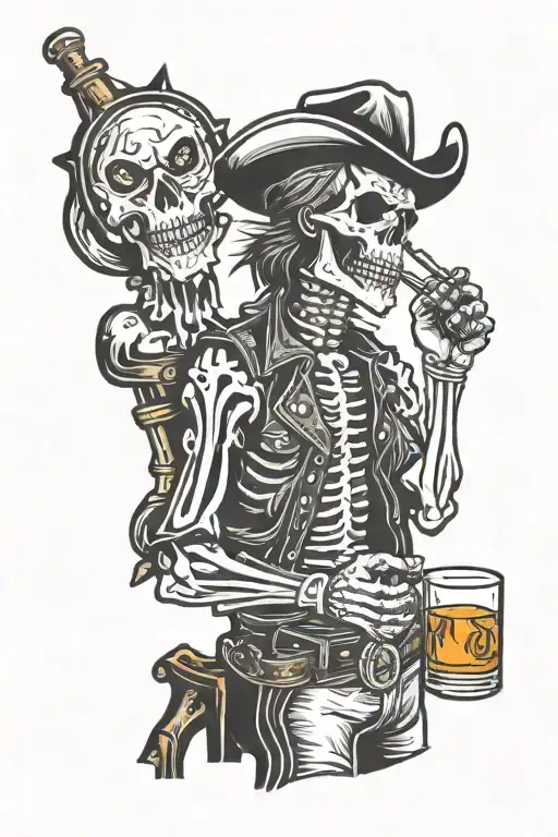 Skeleton Mullet Cowboy Smoking And Drinking Whiskey