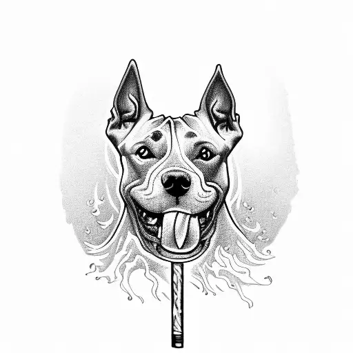 A Blackwork Tattoo Of A Pitbull Holding A Joint In Its Mouth With Smoke Swirling Around It
