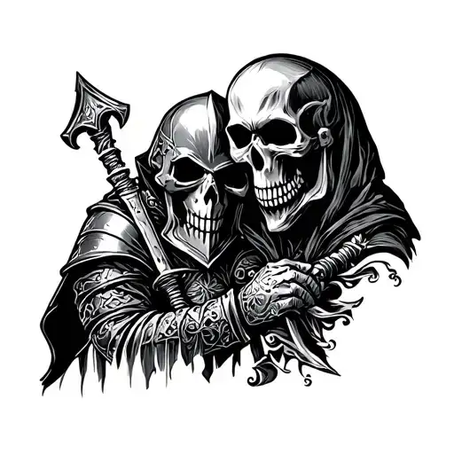 Medieval Knight And The Grim Reaper Simple With Skull