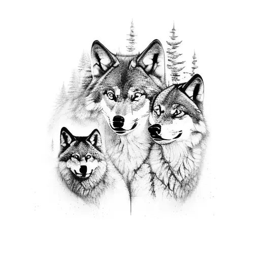 A Family Of Wolves Walking Through A Dense Forest