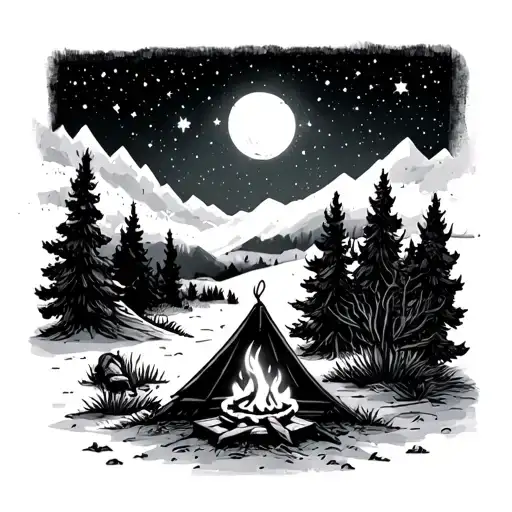 A Serene Camping Scene With A Cozy Campfire Under A Starry Sky