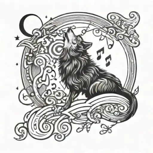 A Wolf Howling At A Full Moon With Musical Notes Swirling Around It