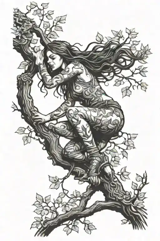 Long Haired Woman Climbing On Tree Branch Representing