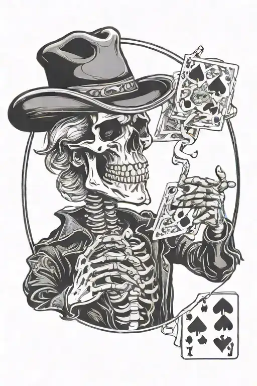 Skeleton Cowboy Smoking And Holding Aces