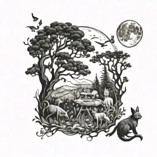A Mystical Forest Scene With Animals Playing Musical Instruments Under A Full Moon