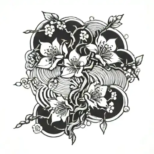 Japanese Cherry Blossom Tree Intertwined With Traditional Art Motifs