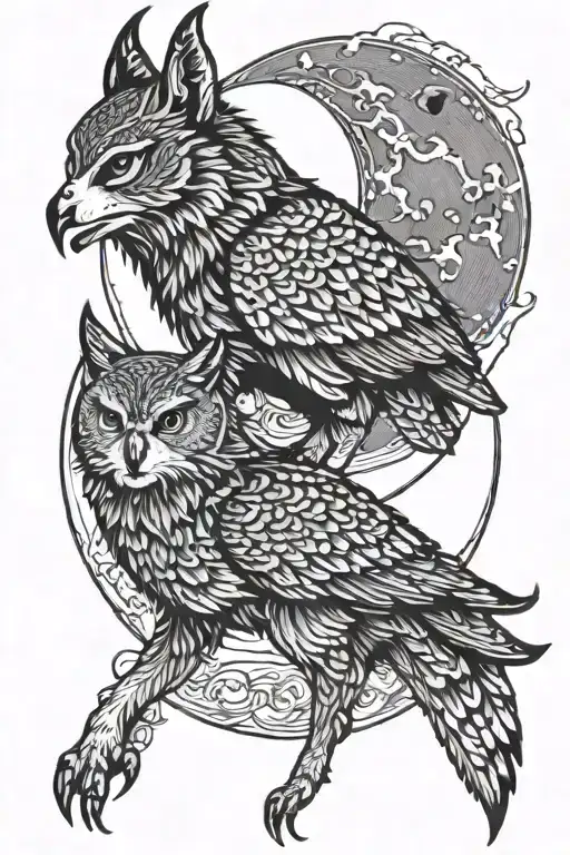 Owl Fighting Wolf Howling At The Moon