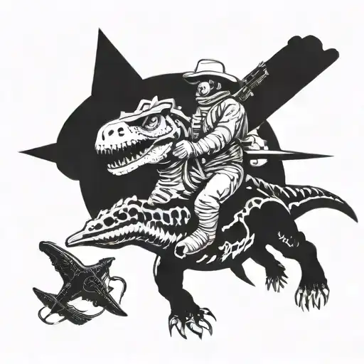 An Astronaut With A Cowboy Hat And A Revolver Riding A Dinosaur