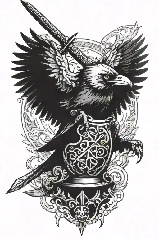 Helm Of Va With Sword Of Tyrfign And Raven Flying